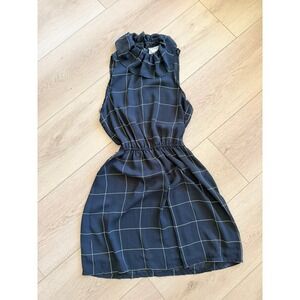 Donna Morgan for NON STOP Navy Blue Windowpane Grid Ruffle Neck Sleeveless Dress